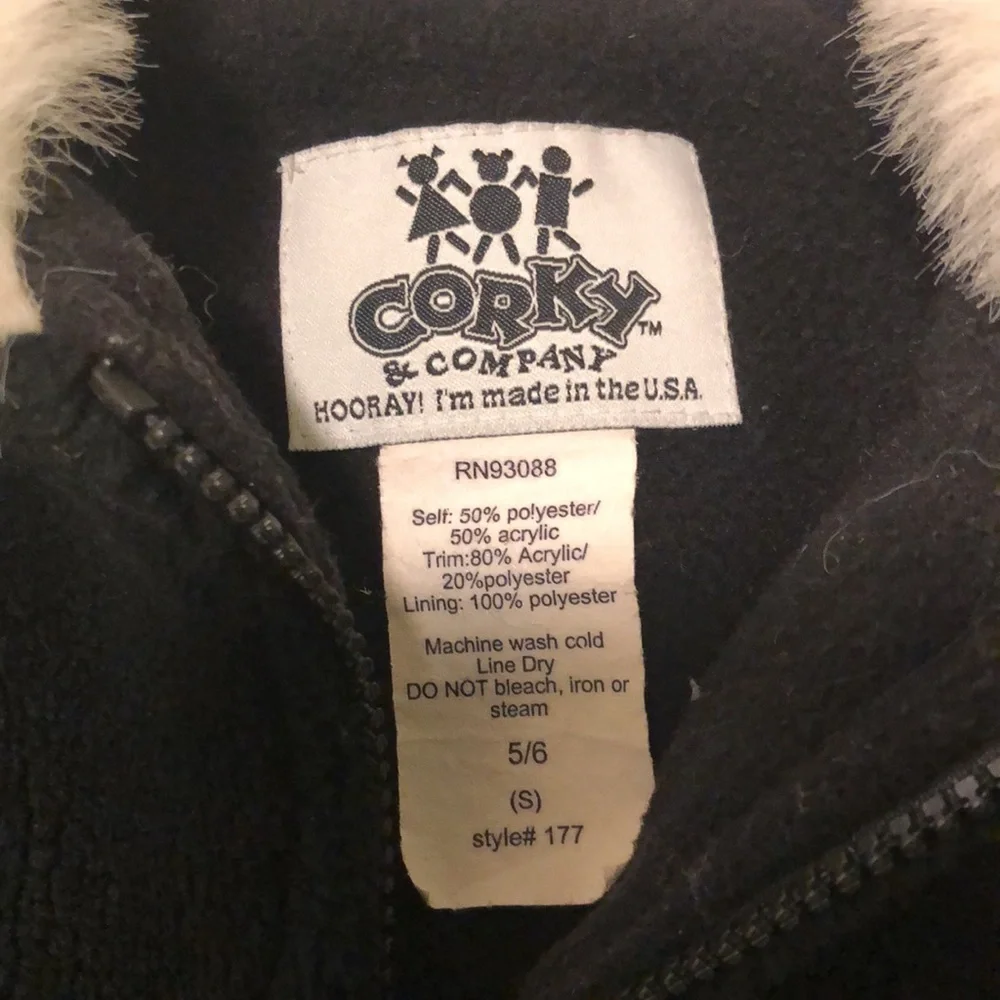 Corky & company made in the USA fluffy black girls jacket w white fluffy accents